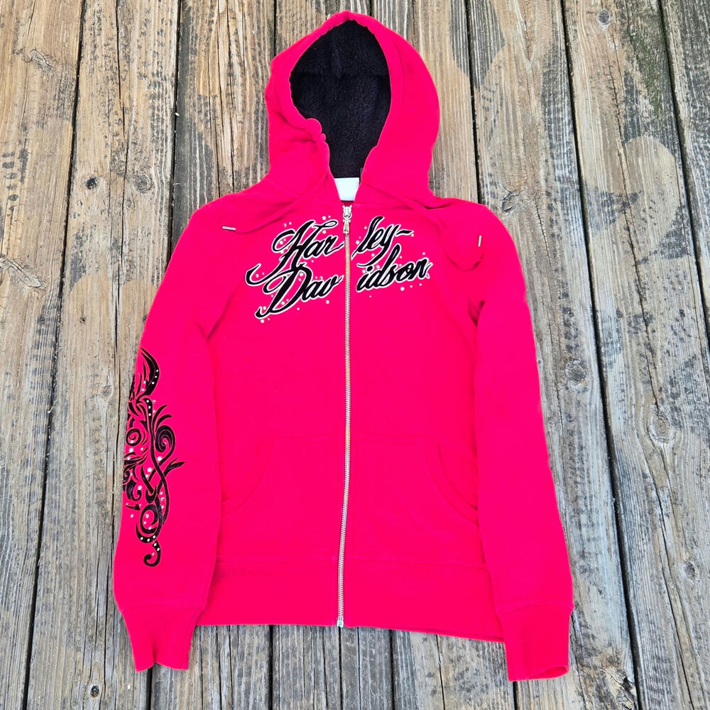 Y2K Harley Davidson Full Zip Hoodie Women's Small Hot Pink Rhinestone Fleece
